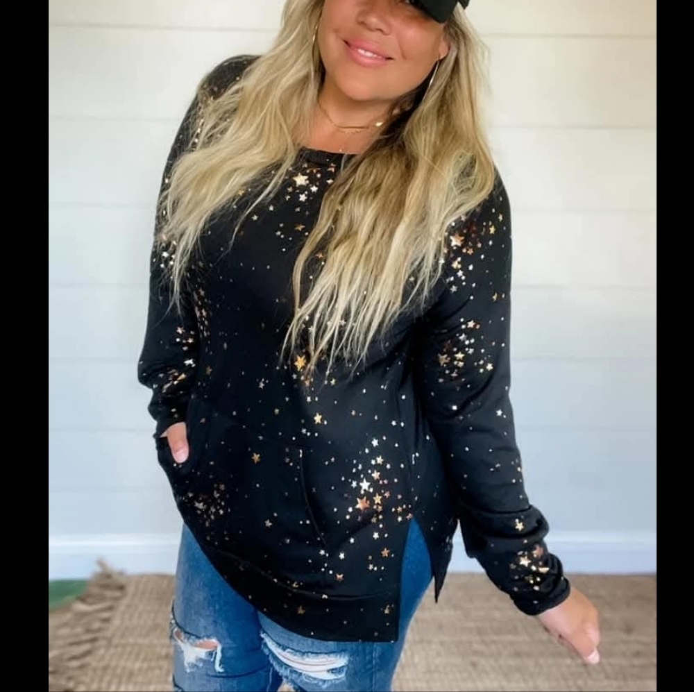 Blakeley Metallic Star-Print Long Sleeve Top - Size 1x